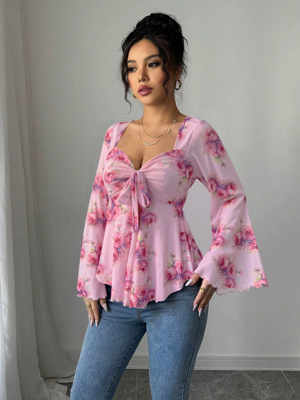 ZARA Spring Summer Pink Floral Bow Tie Flounce Sleeve Fitted Short Chiffon Top